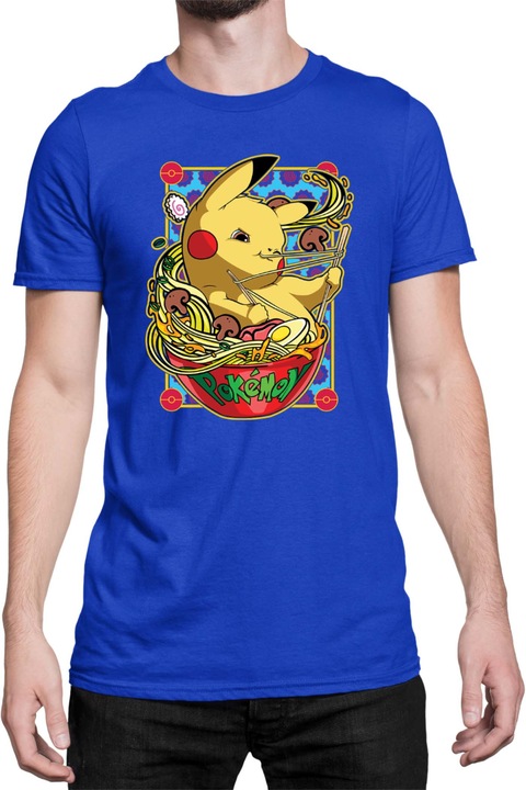 Férfi póló Japan Manga Anime Comics Tralala Pokemon Pikachu Ramen, Kék