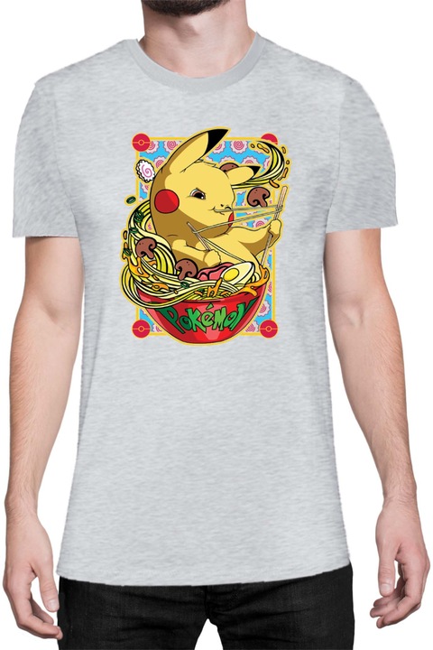 Férfi póló Japan Manga Anime Comics Tralala Pokemon Pikachu Ramen, Melange világosszürke