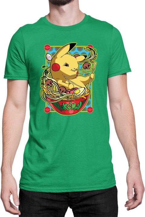 Férfi póló Japan Manga Anime Comics Tralala Pokemon Pikachu Ramen, Zöld