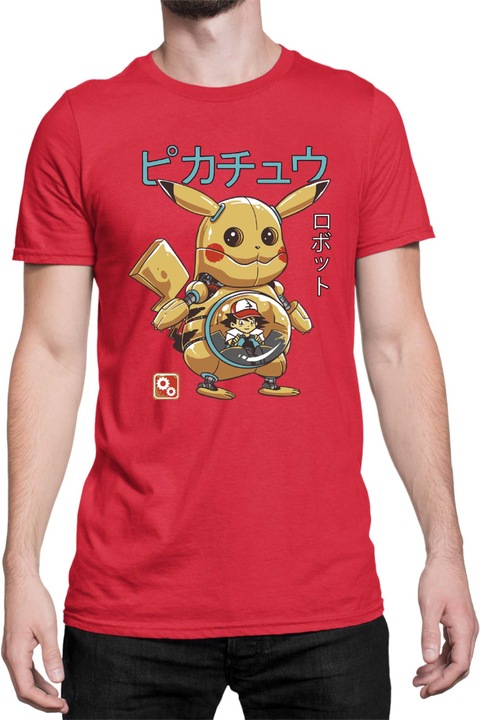 Férfi póló Japan Manga Anime Comics Tralala Pokemon Pikachu Robot, Piros