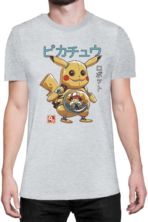 Férfi póló Japan Manga Anime Comics Tralala Pokemon Pikachu Robot, Melange világosszürke