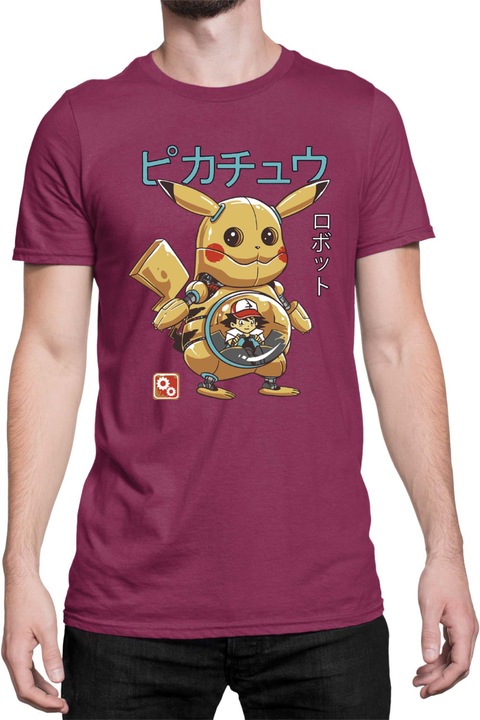 Férfi póló Japan Manga Anime Comics Tralala Pokemon Pikachu Robot, Bordó