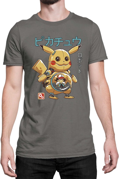 Férfi póló Japan Manga Anime Comics Tralala Pokemon Pikachu Robot, Sötétszürke