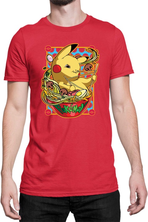 Férfi póló Japan Manga Anime Comics Tralala Pokemon Pikachu Ramen, Piros