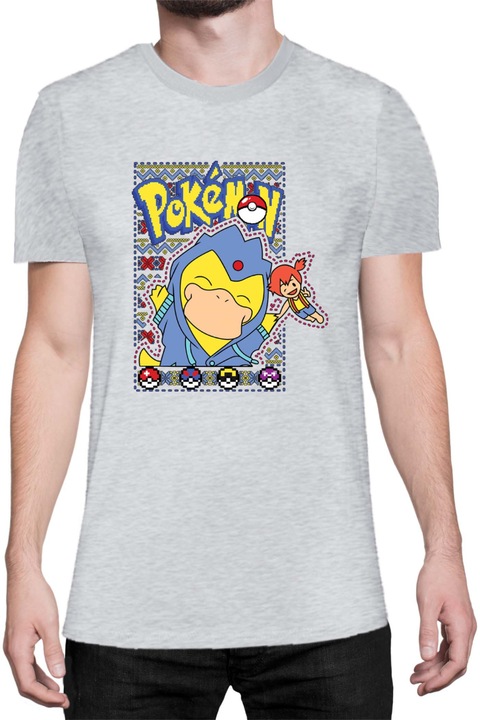 Férfi póló Japan Manga Anime Comics Tralala Pokemon Psyduck, Melange világosszürke