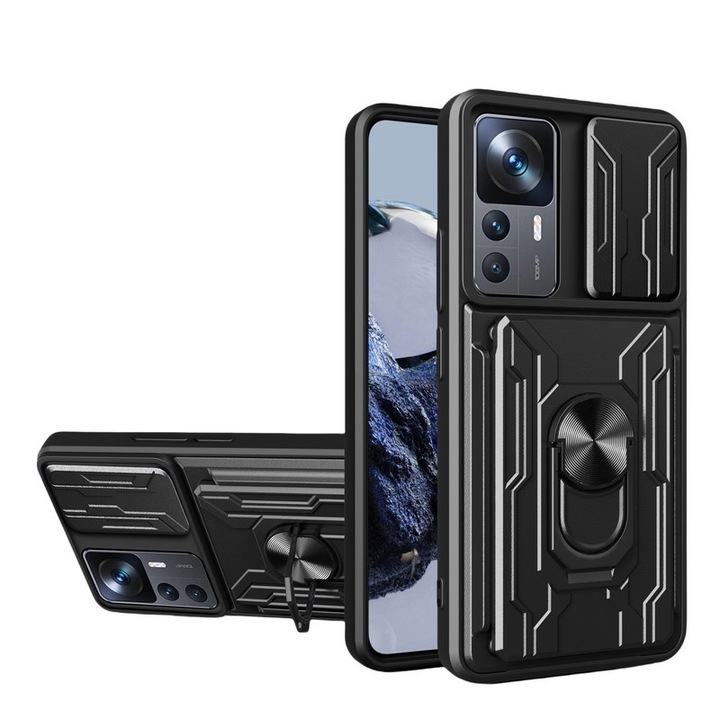 Ütésálló telefontok, kameravédelem csúszkával, gyűrűtartó, fekete, Xiaomi 12t/12t PRO/K50