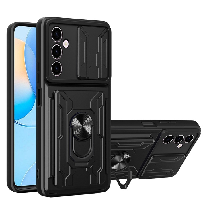 Ütésálló telefontok, kamera védelem csúszkával, gyűrűtartó, fekete, Samsung A24 4G