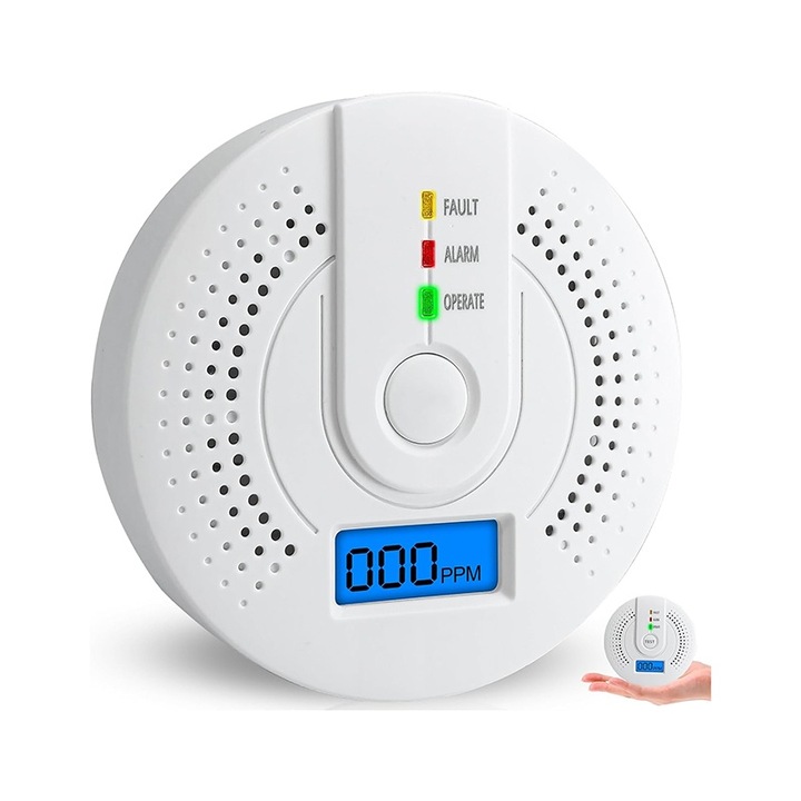 Detector Monoxid de carbon, BOMSTOM, Detector fum, Ecran Digital, Alarma Sonora, Alb, 9.6x9.6x3.1cm