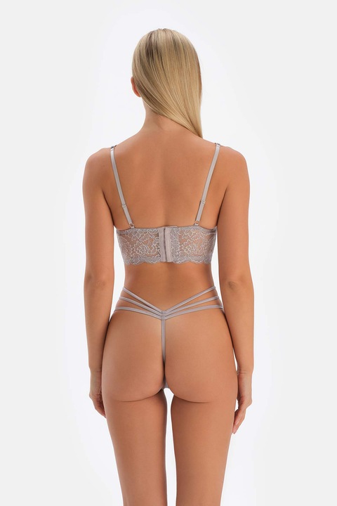 DAGI, Chiloti tanga de dantela cu talie inalta, Gri deschis