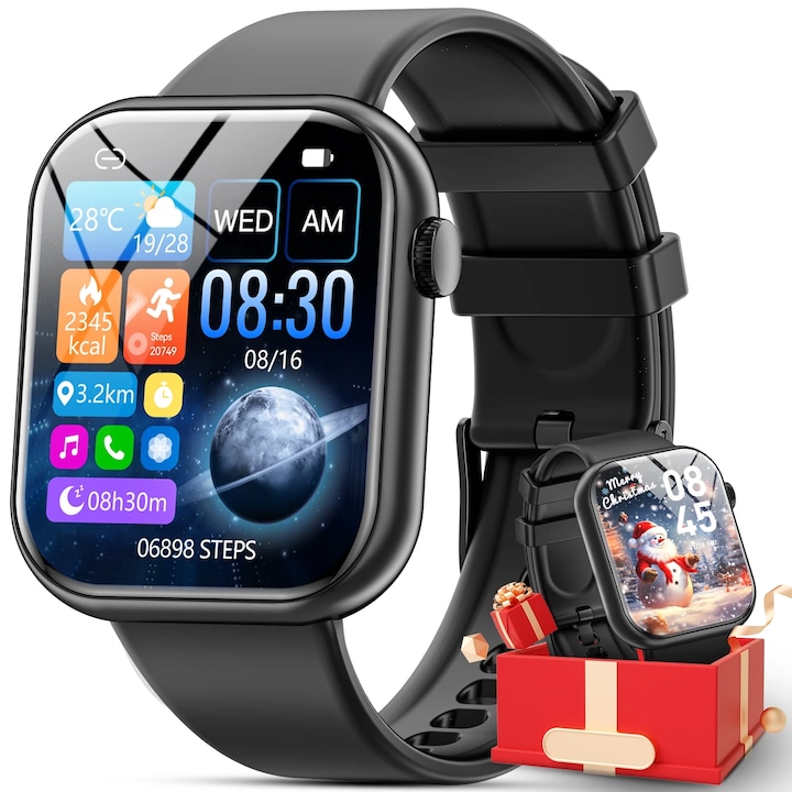 Ceas Smartwatch, Mingtawn, Model G20, Bluetooth Talk, Ecran de 1,85 inch, Multi-limba, Notificari apel/SMS/Social Media, Rezistent la apa, Fitness Tracker, Mod Sport, Fitness Tracker, Pedometru, Somn, Ritm cardiac, Music Player, Negru