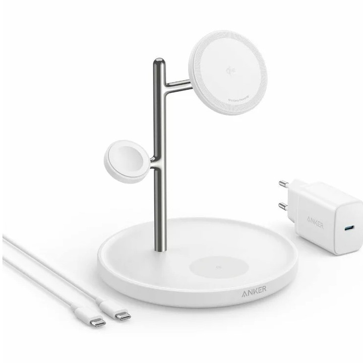 Безжично зарядно устройство Anker, "MagGo" 15W, 3-в-1, 3 x wireless, Бял, "B25M3321"