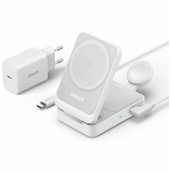 Incarcator wireless Anker, "MagGo" 15W, 3-in-1, pliabil, 3 x wireless, Alb, "B2557321"