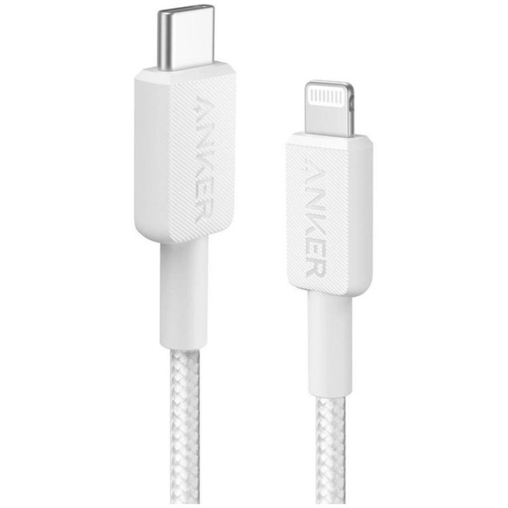 Кабел за захранване и данни Anker, USB Type-C (T) към Lightning (T), 1.8 м, Скорост на трансфер 480 Mbps, Найлонова обвивка, Оплетка, Бял, "A81B6G21"