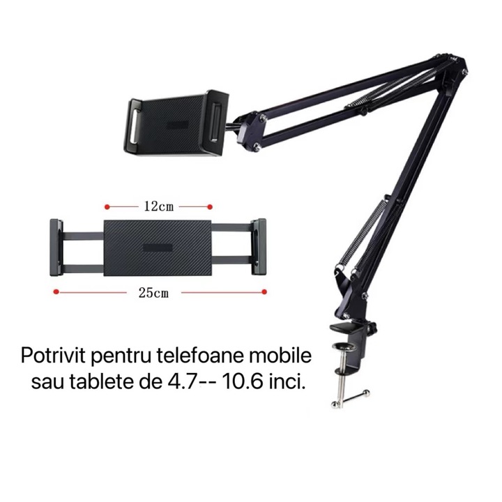 Suport Universal pentru Telefon si Tableta cu Brat Lung Reglabil, Prindere cu Clema pentru Birou si Pat, Rotire 360°, Maini Libere