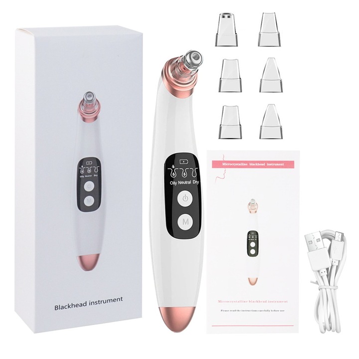 Уред за почистване на лице, 3 режима, 6 глави, USB зареждане, бял, 19.66x3.85 см