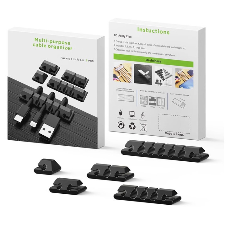 Set 5 Suporturi Reutilizabile pentru Cabluri, 5 Dimensiuni Diferentiate - Organizare Cabluri birou/masa/noptiera, Negre