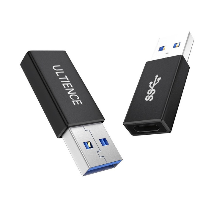 2 db ULTIENCE USB-A – Type-C adapter készlet, 10 Gbps adatátvitel, 60 W gyorstöltés, fekete