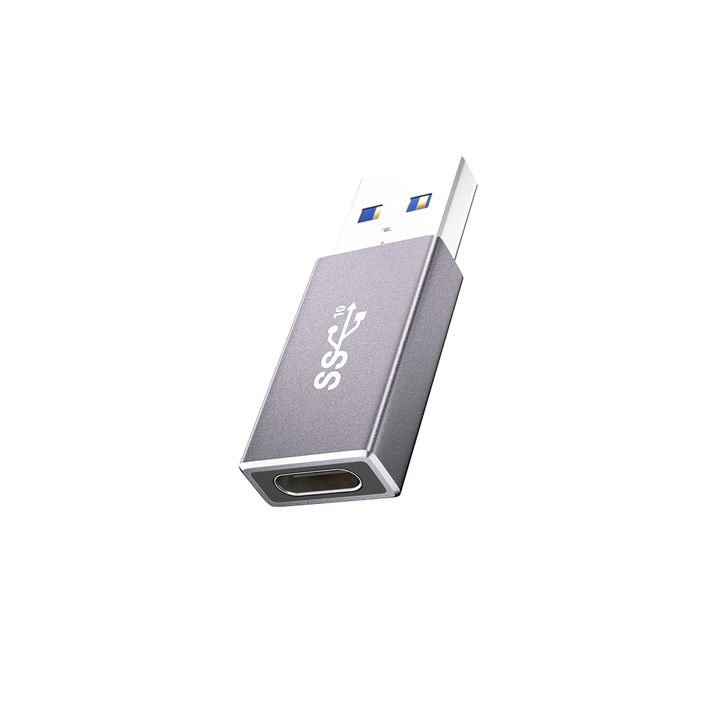 ULTIENCE Adaptor USB-A tata la USB-C mama, suport pentru viteza de transfer de date 10Gbps cu doua fete, incarcare rapida 60W, gri