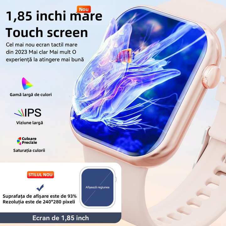 Ceas Smartwatch, Mingtawn, odel G20, Bluetooth Talk, Ecran de 1,85 inch, Multi-limba, Notificari apel/SMS/Social Media, Rezistent la apa, Fitness Tracker, Mod Sport, Fitness Tracker, Pedometru, Somn, Ritm cardiac, Music Player, Roz
