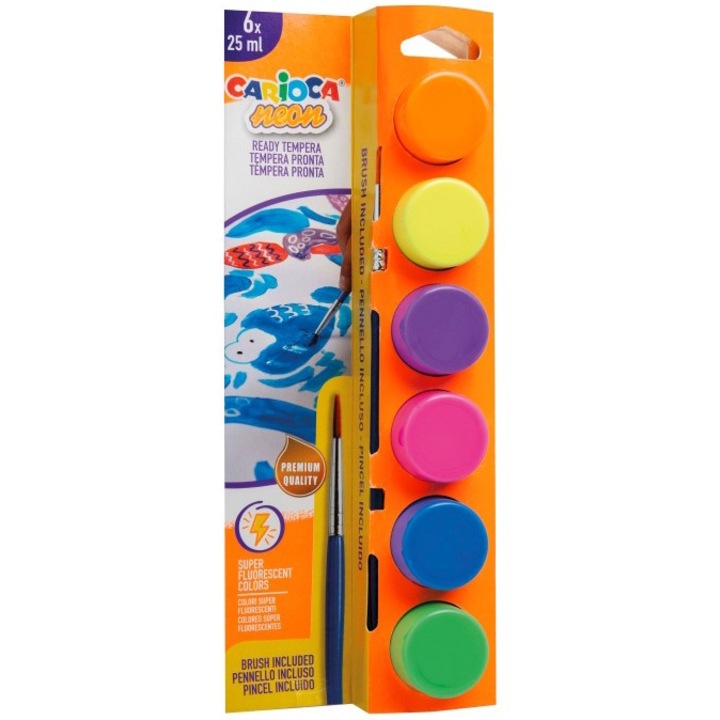 Acuarele tempera Carioca Neon 6 culori x 25 ml + pensula la blister