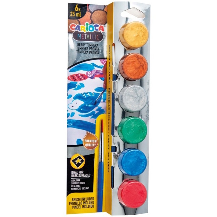 Acuarele tempera Carioca Metallic 6 culori x 25 ml + pensula la blister