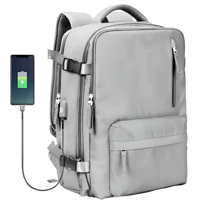Quasar & Co. hátizsák, multifunkcionális, vízálló, cipőrekesszel, kocsi függesztő rendszerrel, USB, textil, 43x30x20 cm, Világosszürke