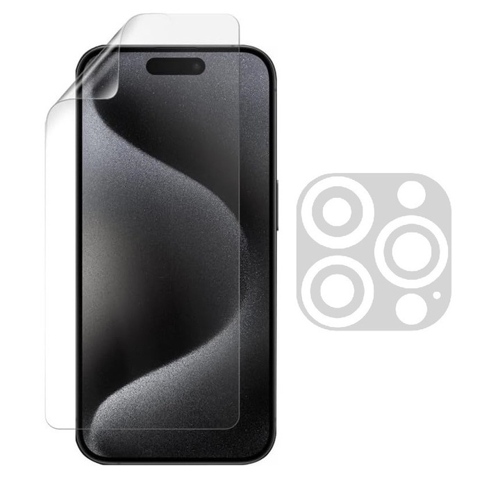 Set folie mata pentru Apple iPhone 15 Pro, protectie Ecran si Camera, Anti amprenta, din silicon
