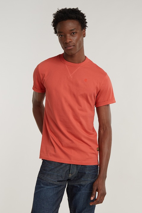 G-Star RAW, Тениска от органичен памук с овално деколте и навити ръкави, Розова сьомга