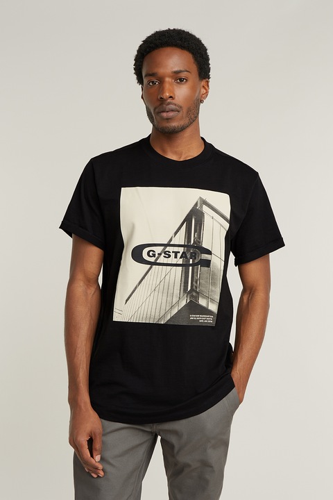 G-Star RAW, Тениска с овално деколте и фотопринт, Мръснобял/Черен