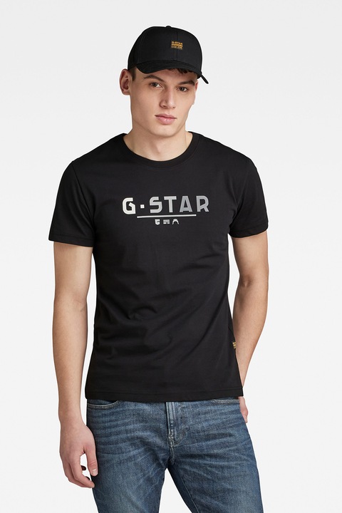 G-Star RAW, Тениска от органичен памук с лого, Бял/Черен