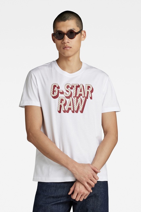 G-Star RAW, Тениска от органичен памук с лого, Бял/Прашно розово