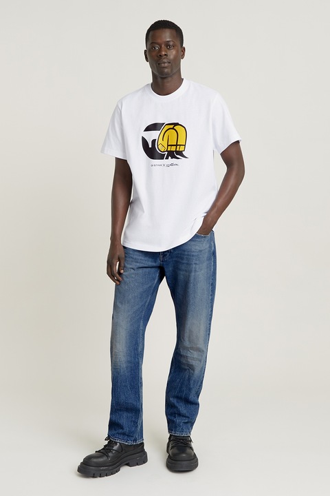 G-Star RAW, Тениска от органичен памук с овално деколте, Бял/Жълт/Избеляло черно