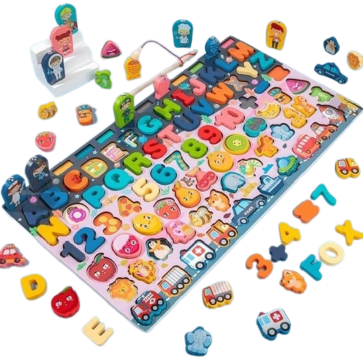 Joc educativ tip Montessori din lemn XL, sortator de culori, cifre, litere, animale, masini, fructe si joc de pescuit cu magnet, + 3 ani