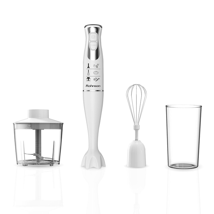Mixer vertical cu accesorii, Rohnson R5793, 400W, 2 lame Inox, 2 viteze + Turbo, 14.000 ± 20% RPM, 69 dB, chopper 0.5L cu 2 lame inox, bol gradat 0.7L, tel