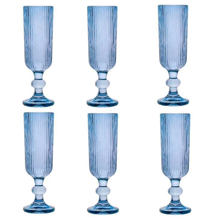 Set 6 pahare sampanie Raki Bloom Blue, 150ml, D6xh18, 5cm, sticla, albastru/transparent