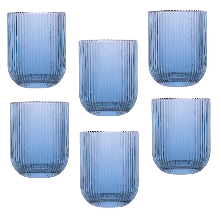 Set 6 pahare whisky Raki Bloom Blue, 260ml, D7, 5xh9, 5cm, sticla, albastru/transparent