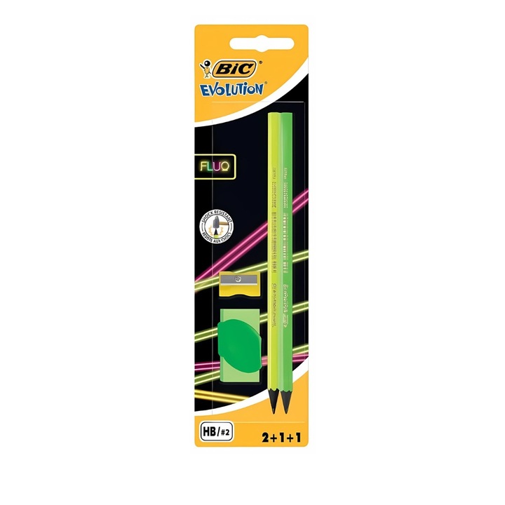 Creion BIC Evolution Fluo B/2 + Radiera + Ascutitoare, Verde