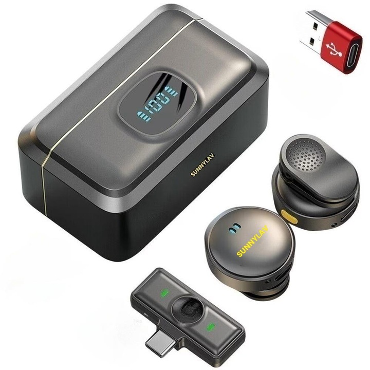 Set 2 X Microfoane Profesionale Lavaliera, SUNNYLAV®, Type C cu Adaptor USB 3.0, Cutie incarcare rapida cu display, prindere cu clema dar si magnetica, Sunet Clar, Volum optim, Functie Anulare zgomot ambiant