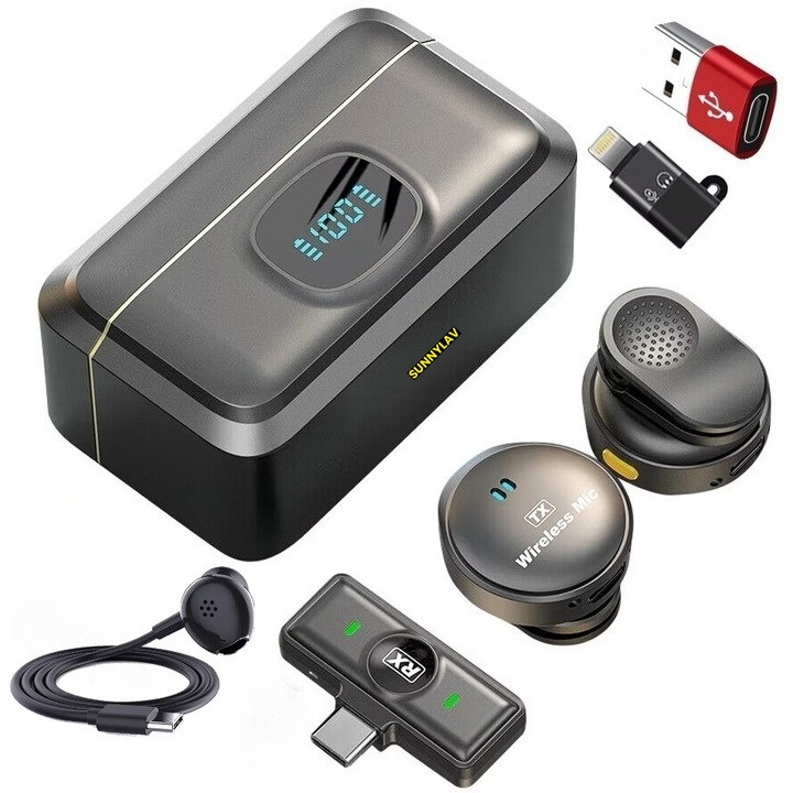 2 db Lavalier mikrofon készlet, SUNNYLAV®, Faithful Voice Dynamics, TypeC, monitorfejhallgató, iPh és USB 3.0 adapterek, AI kettős zajcsökkentés, Android, IOS, Windows, gyorstöltő doboz kijelzővel, klippel és mágneses csatlakozóval, fekete
