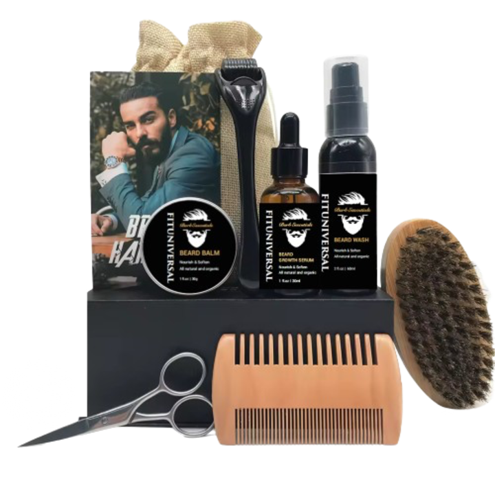 Set complet de crestere si ingrijire barba din 9 piese avand inclus derma roller, foarfeci, perie si pieptan, o crema si 2 uleiuri speciale pentru cresterea si netezirea firului de par, 60 ML