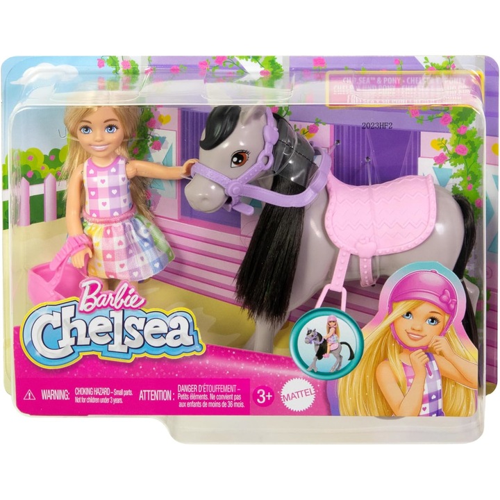 Комплект кукли Mattel, Челси с понита, седяща, розова