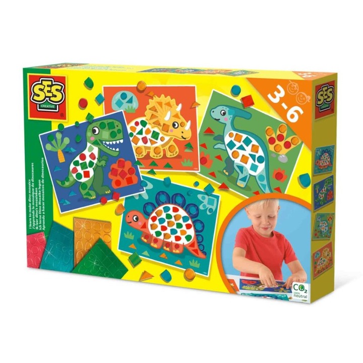 Set de artizanat SES Creative, mozaic dinozauri, metalic, 4 carti