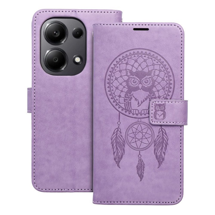 Xiaomi Redmi Note 13 Pro 4G / Poco M6 Pro 4G kompatibilis könyvtok, bankkártyatartós, mágneszáras, álomfogó mintás, lila, Forcell Mezzo