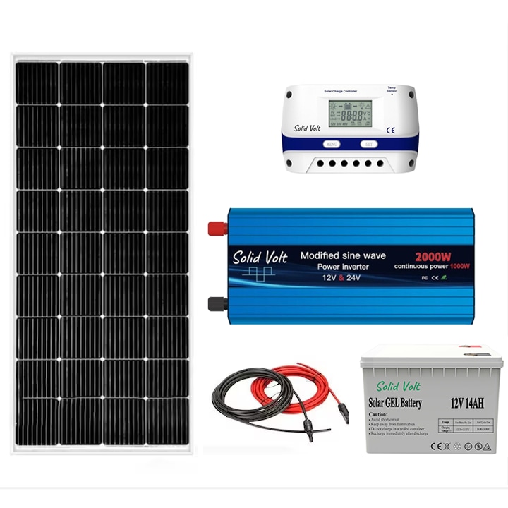 Kit solar fotovoltaic off grid Solid Volt, invertor 2000W 12/24 V, panou solar 50W, regulator/ controller 30A, baterie solara 20Ah Gel si 20 m cablu solar cabana, rulota, casa, autorulota, container, iluminat