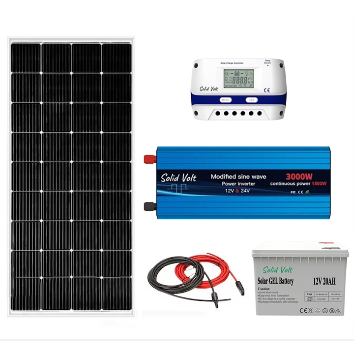 Kit solar fotovoltaic off grid Solid Volt, invertor 3000W 12/24 V, panou solar 30W, regulator/ controller 30A, baterie solara 20Ah Gel si 20 m cablu solar cabana, rulota, casa, autorulota, container, iluminat