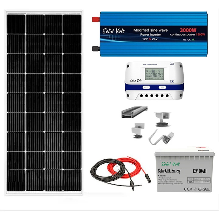 Kit solar fotovoltaic off grid Solid Volt, invertor 3000W 12/24 V, panou solar 120W, regulator/ controller 30A, baterie solara 20Ah Gel, structura prindere panouri si 20 m cablu solar cabana, rulota, casa, autorulota, container, iluminat
