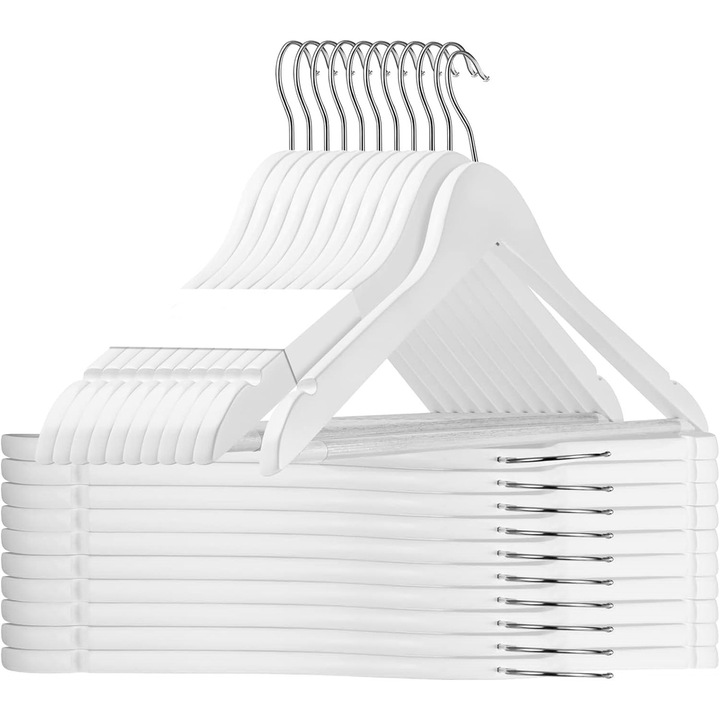 Set Umerase din Lemn, Hggzeg Hangers, Cu 2 crestaturi, Din lemn de artar, Grosime la umar 12mm, Carlig rotativ 360 grad, Bara pentru pantaloni si design modern, Antiderapant, Lemn, Alb, 44.5x1.2x23 cm, 20 bucati