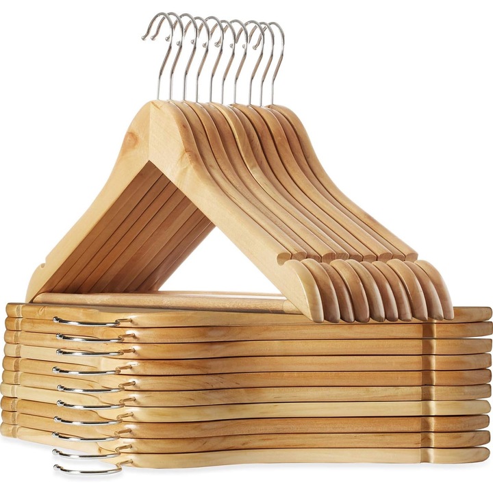 Комплект дървени закачалки, Hggzeg Hangers, С 2 вдлъбнатини, Изработени от кленово дърво, Дебелина на рамото 12 мм, Въртяща се на 360 градуса кука, Релса за панталони и модерен дизайн, Неплъзгащи се, Дърво, Естествено, 44,5x1,2x23 см, 20 части