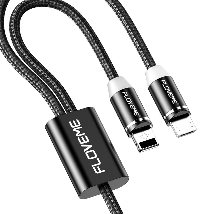 Gyorstöltő kábel 2.1A, 2 microUSB és Apple mágneses csatlakozó, 2 eszköz egyszerre, led, 1.2m, fekete, Floveme