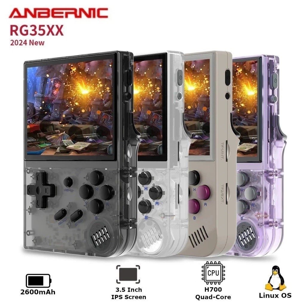 Consola retro ANBERNIC RG35XX 64GB cu jocuri, quad core Cortex-A53 1.5GHz, 1GB LPDDR4, IPS LCD 3.5" 640x480 4:3, acumulator 2600 mAh, mov transparent, portabila